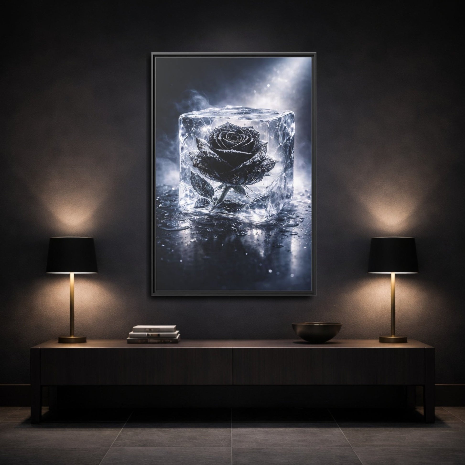 Nature Frozen Rose Black - Framed Canvas Wall Art Print - YesArtYes