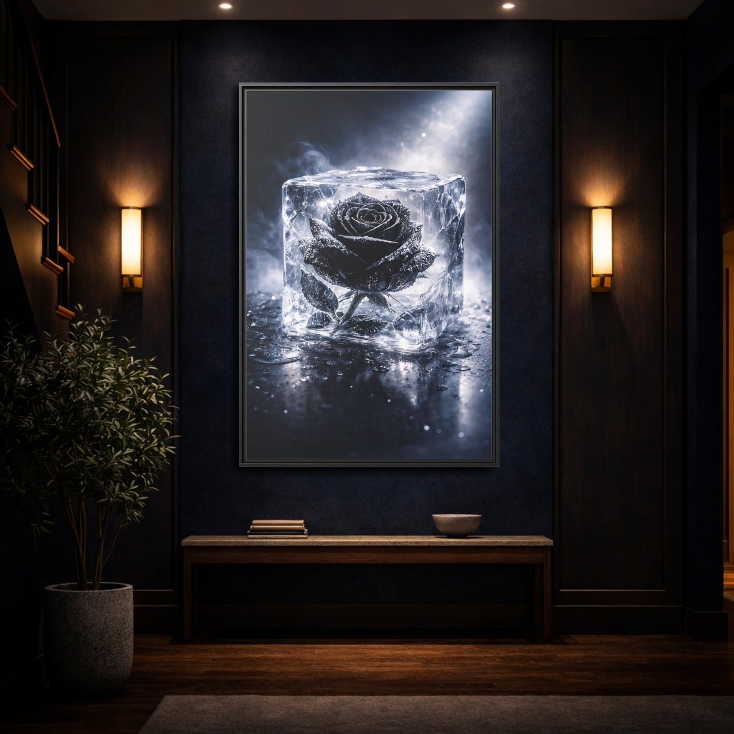 Nature Frozen Rose Black - Framed Canvas Wall Art Print - YesArtYes