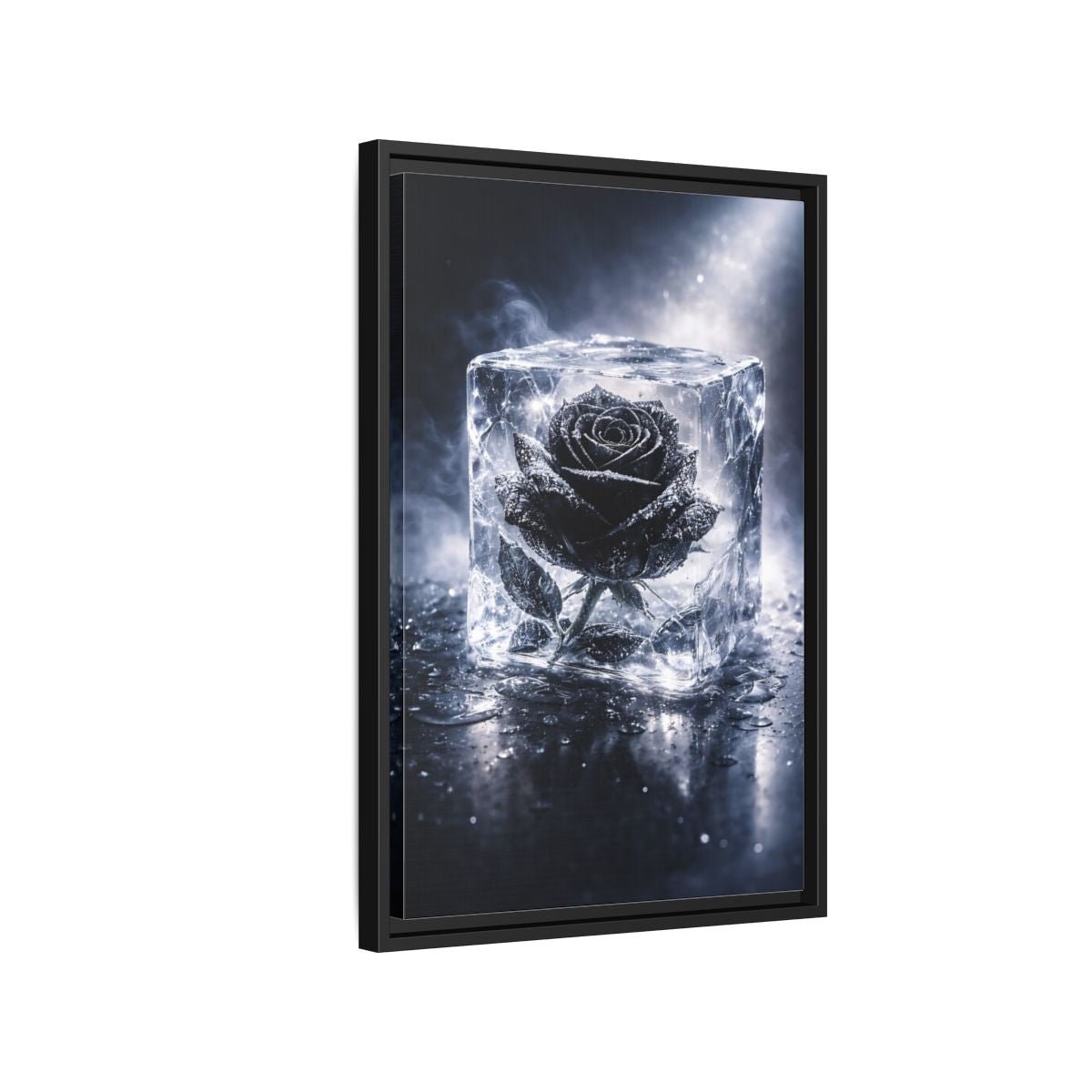 Nature Frozen Rose Black - Framed Canvas Wall Art Print - YesArtYes