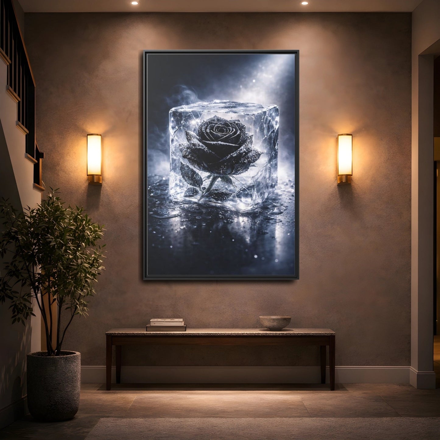 Nature Frozen Rose Black - Framed Canvas Wall Art Print - YesArtYes