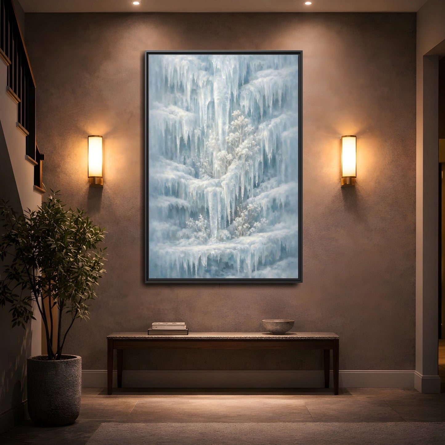 Nature Frozen Waterfall Icy - Framed Canvas Wall Art Print - YesArtYes