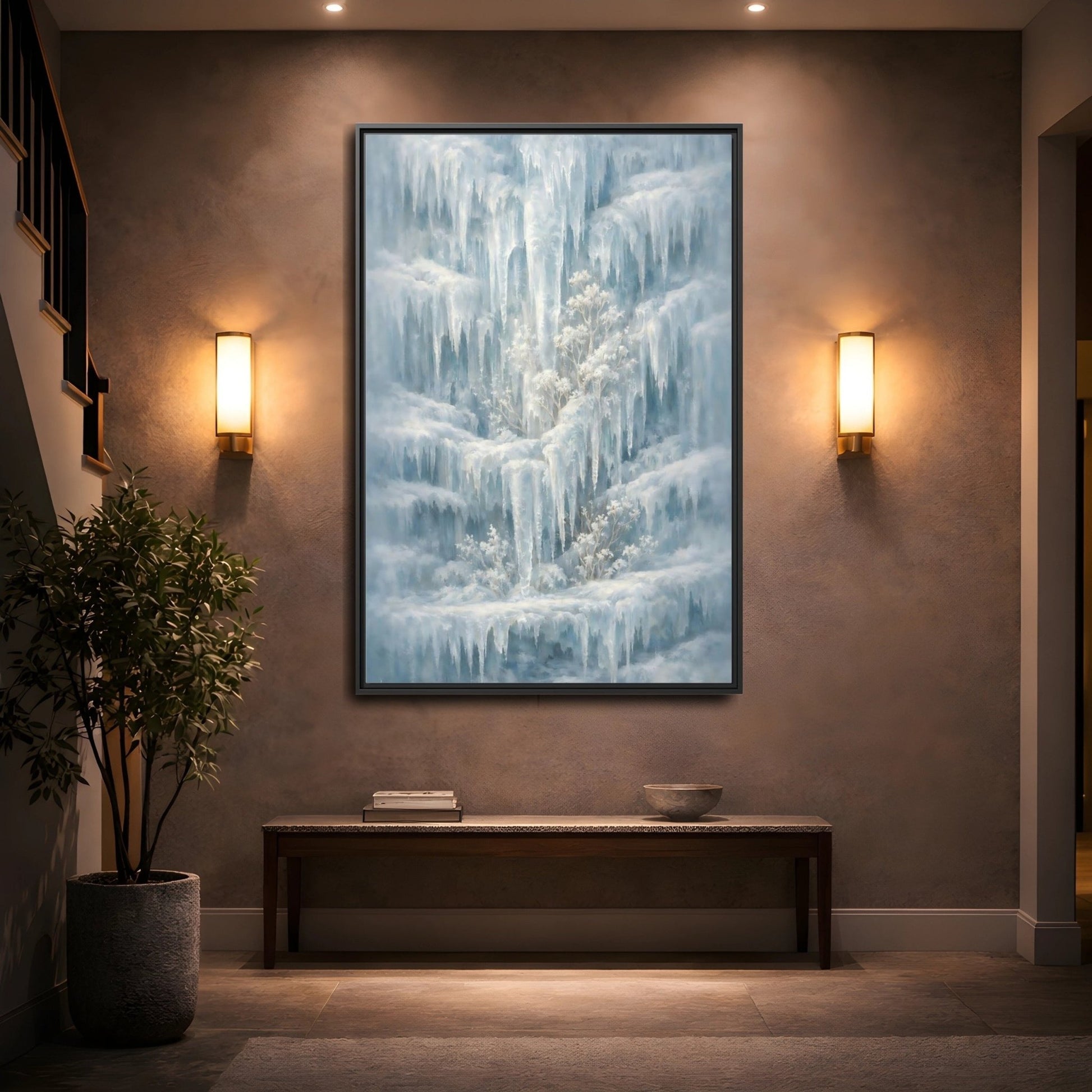Nature Frozen Waterfall Icy - Framed Canvas Wall Art Print - YesArtYes