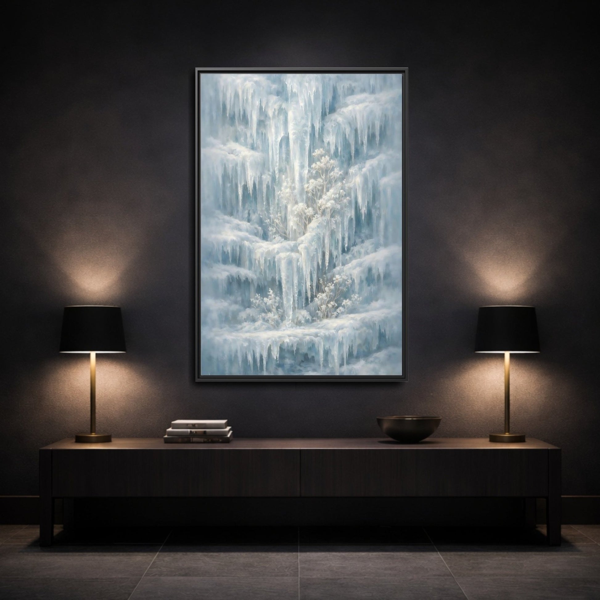 Nature Frozen Waterfall Icy - Framed Canvas Wall Art Print - YesArtYes