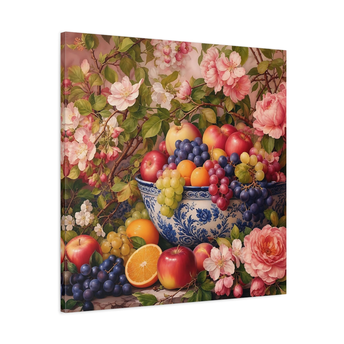 Side Mockup 3. Nature Fruit Bowl Pink And Blue Floral shown as stretched canvas wall art