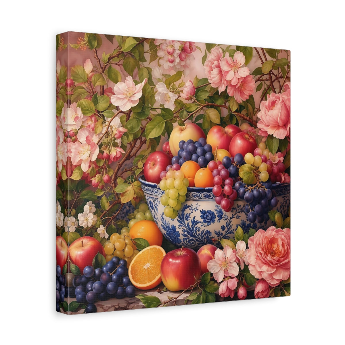 Side Mockup 8. Nature Fruit Bowl Pink And Blue Floral shown as stretched canvas wall art