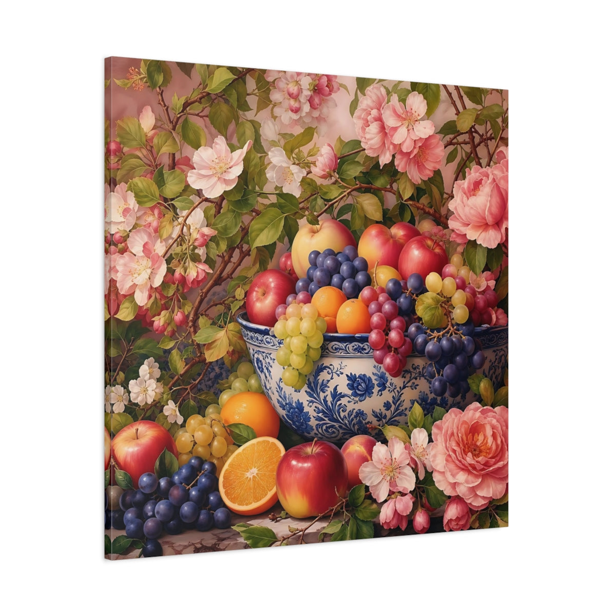 Side Mockup 1. Nature Fruit Bowl Pink And Blue Floral shown as stretched canvas wall art