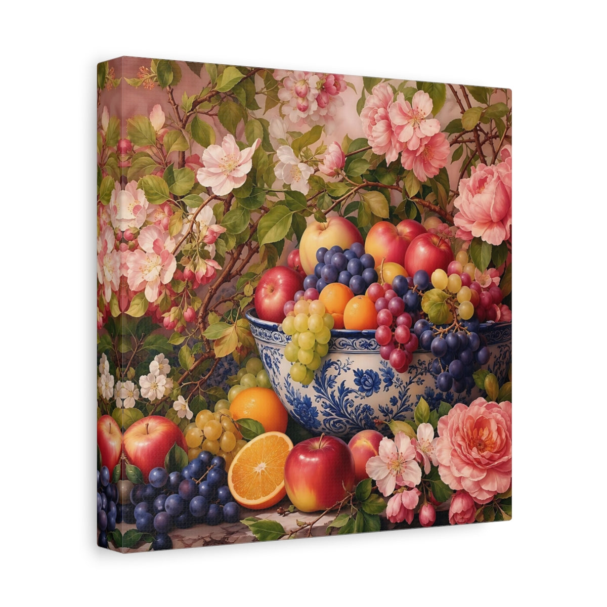 Side Mockup 9. Nature Fruit Bowl Pink And Blue Floral shown as stretched canvas wall art