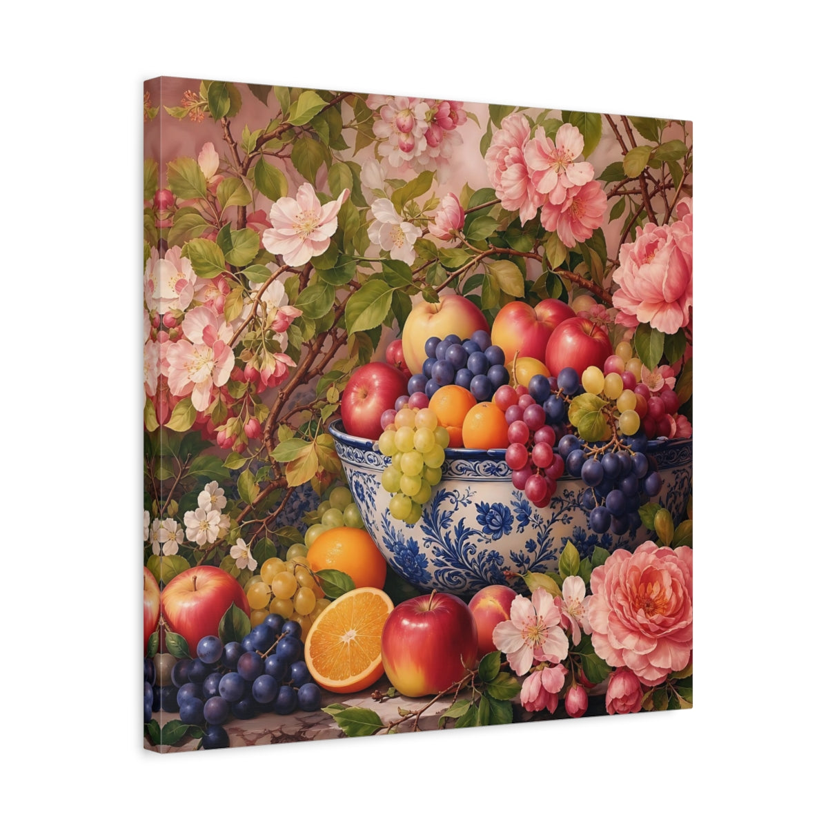 Side Mockup 5. Nature Fruit Bowl Pink And Blue Floral shown as stretched canvas wall art