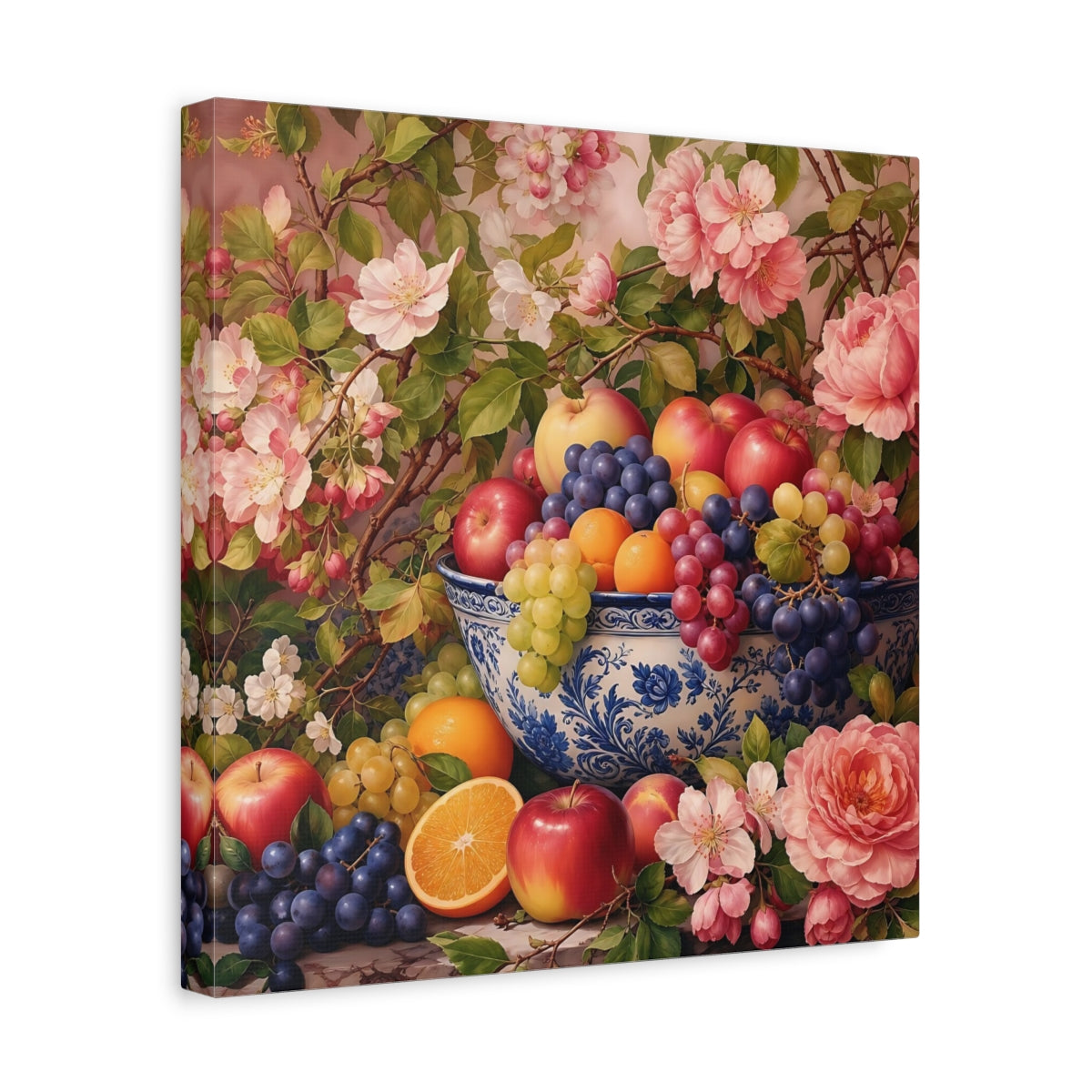 Side Mockup 7. Nature Fruit Bowl Pink And Blue Floral shown as stretched canvas wall art