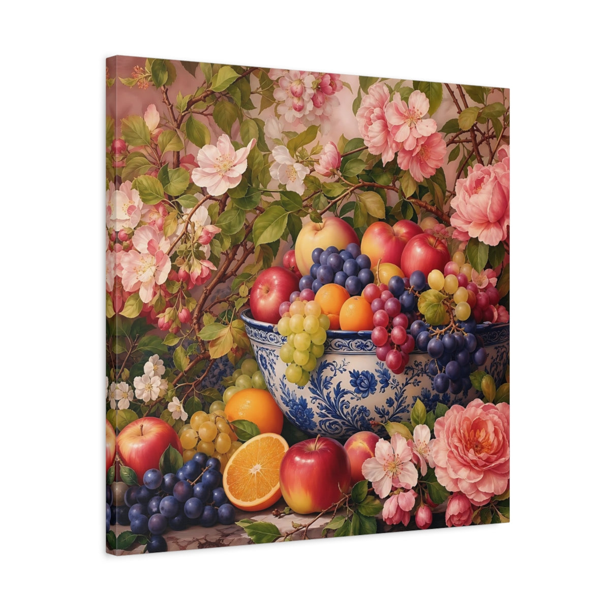 Side Mockup 4. Nature Fruit Bowl Pink And Blue Floral shown as stretched canvas wall art