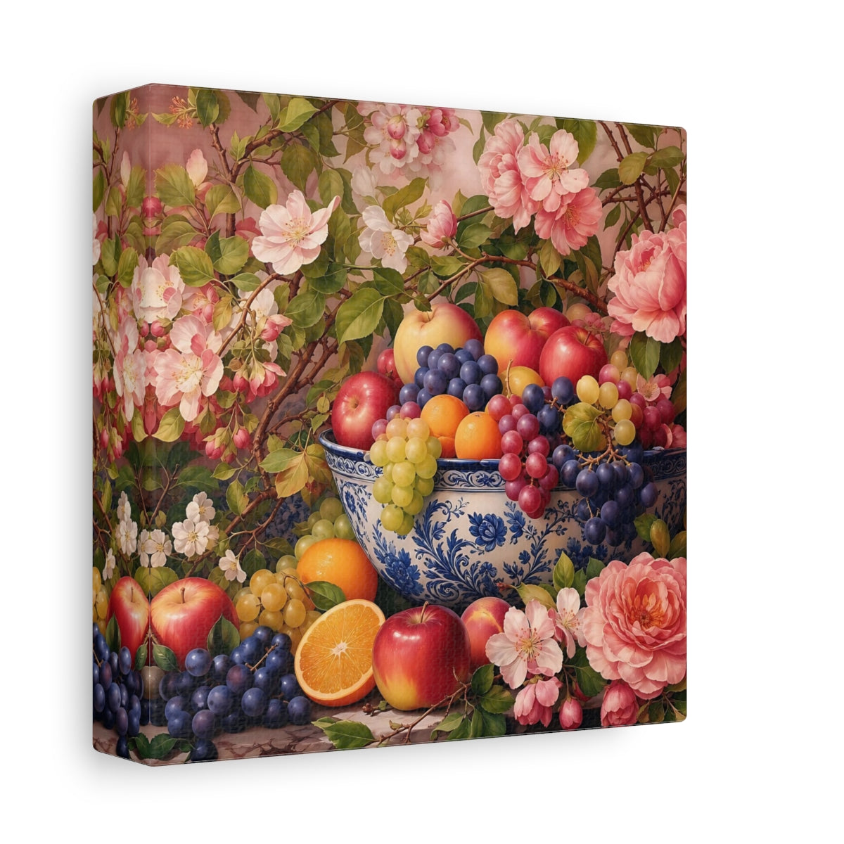Side Mockup 2. Nature Fruit Bowl Pink And Blue Floral shown as stretched canvas wall art
