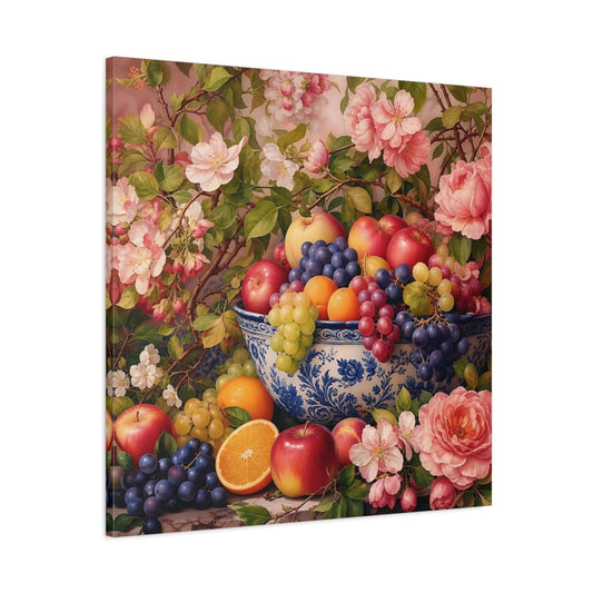 Main Mockup. Nature Fruit Bowl Pink And Blue Floral shown as stretched canvas wall art