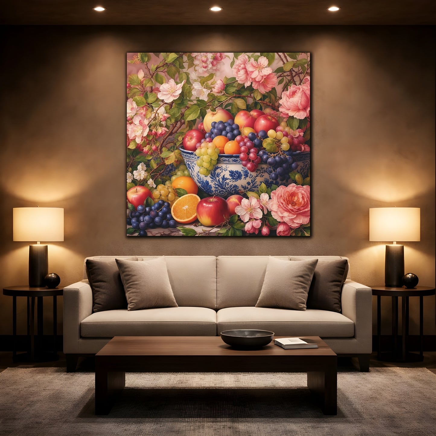 Mockup 2. Nature Fruit Bowl Pink And Blue Floral shown as stretched canvas wall art