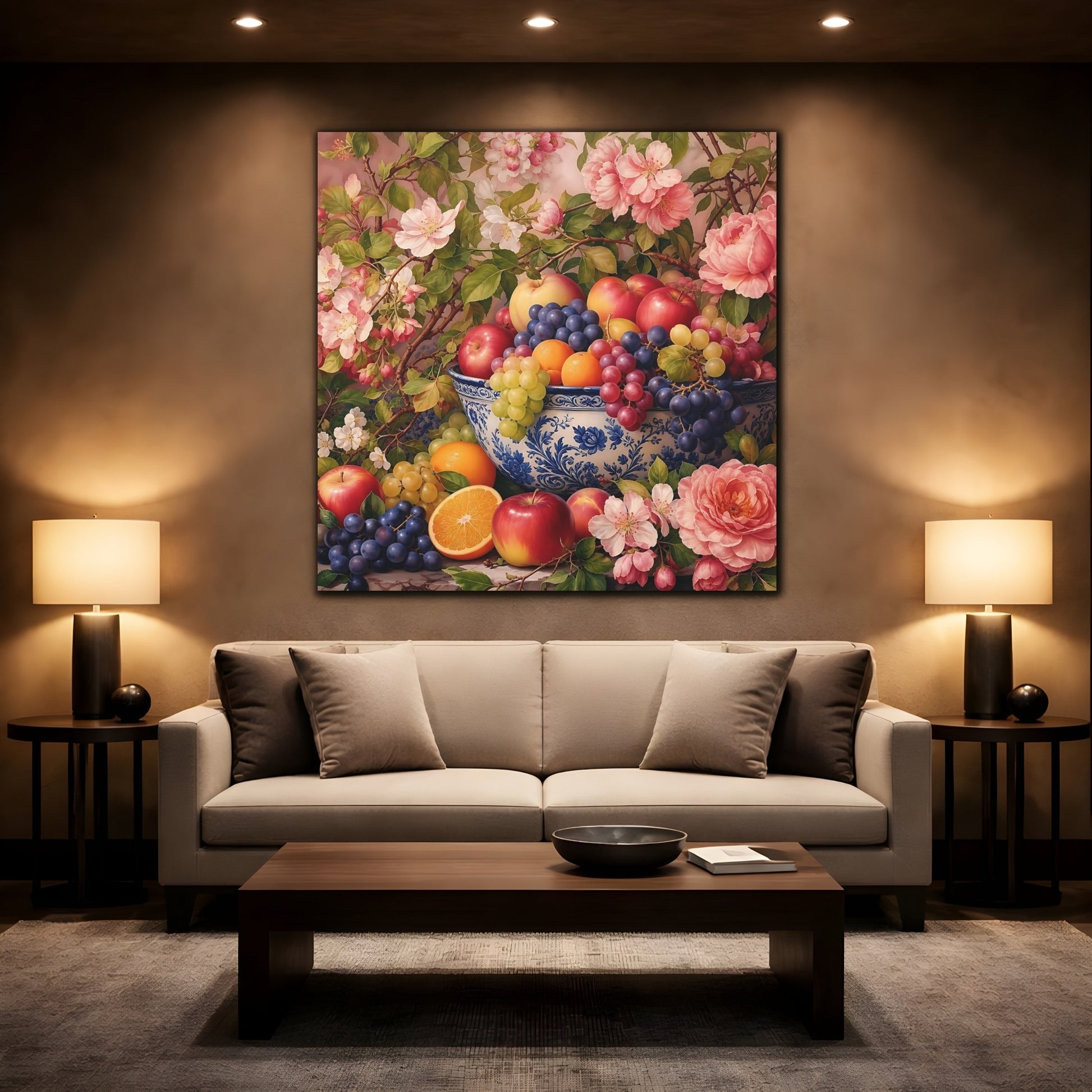 Mockup 2. Nature Fruit Bowl Pink And Blue Floral shown as stretched canvas wall art