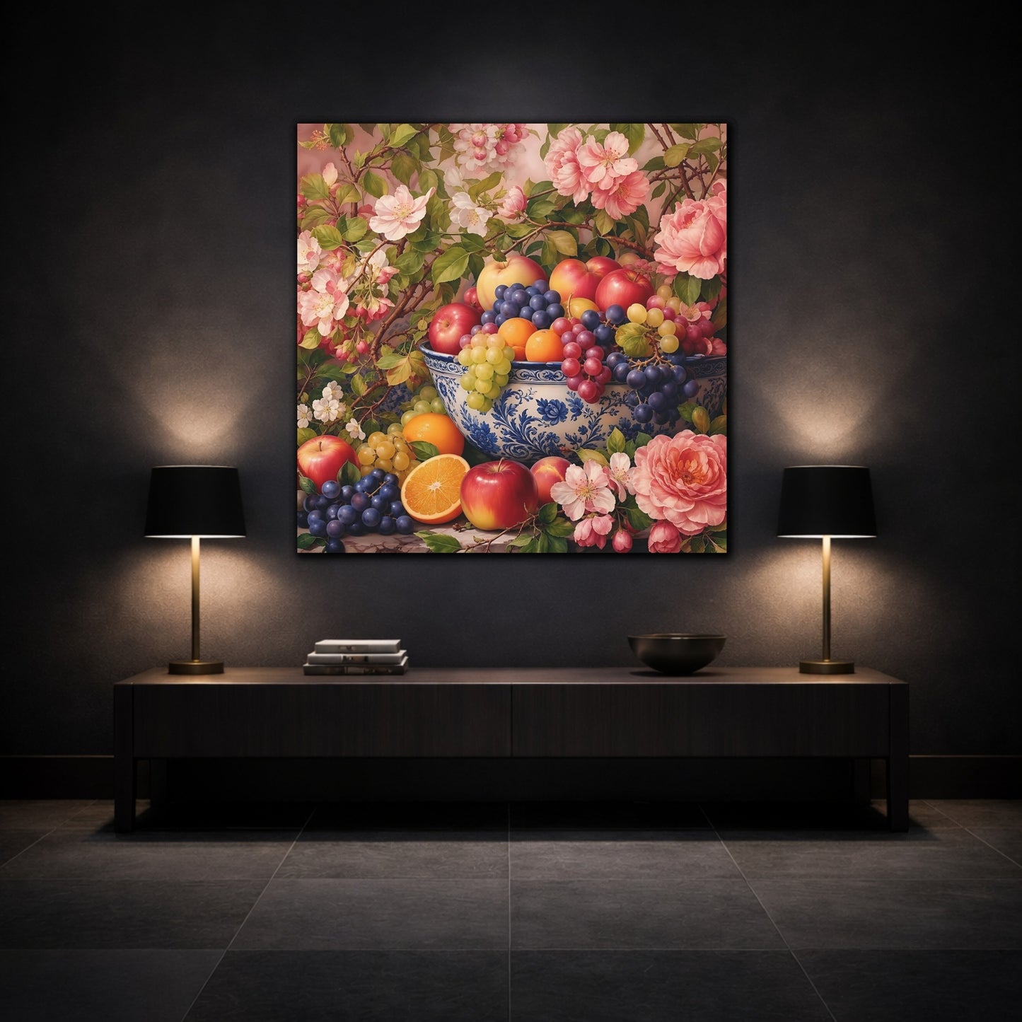 Mockup 3. Nature Fruit Bowl Pink And Blue Floral shown as stretched canvas wall art