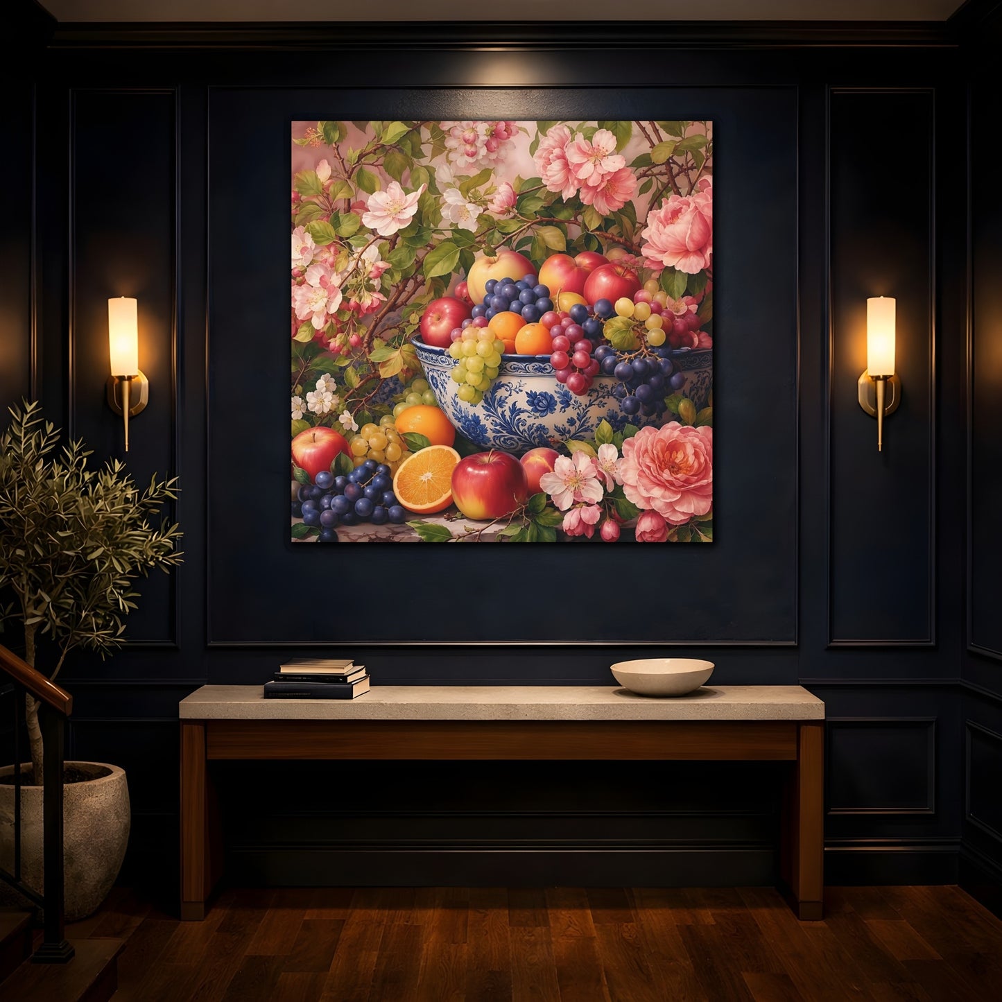Mockup 4. Nature Fruit Bowl Pink And Blue Floral shown as stretched canvas wall art
