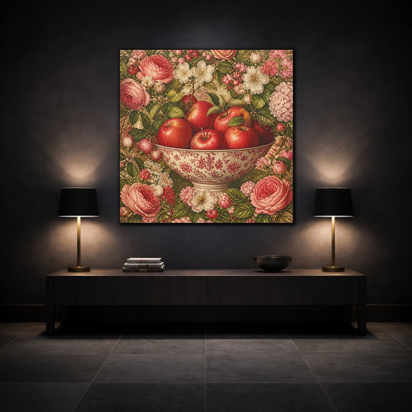 Mockup 3. Nature Fruit Bowl Red Apple Floral shown as stretched canvas wall art