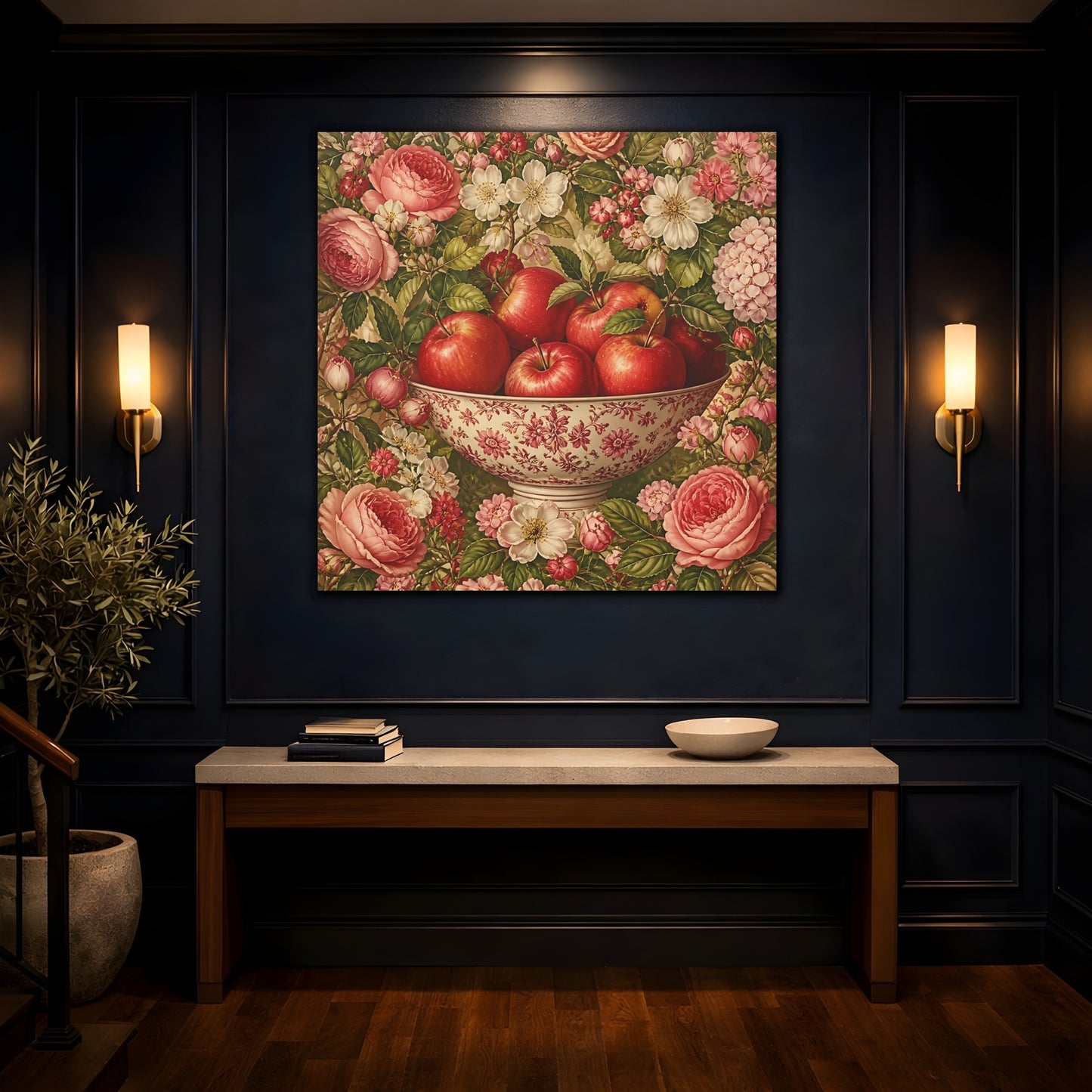 Mockup 4. Nature Fruit Bowl Red Apple Floral shown as stretched canvas wall art