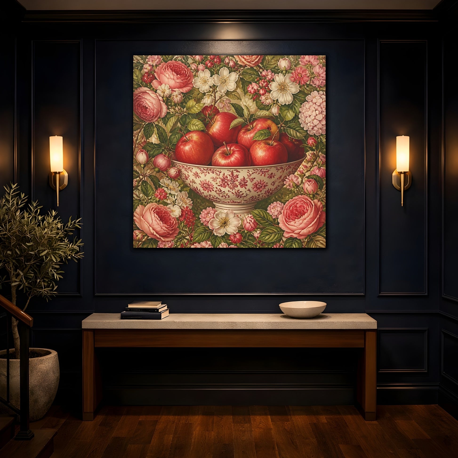Mockup 4. Nature Fruit Bowl Red Apple Floral shown as stretched canvas wall art