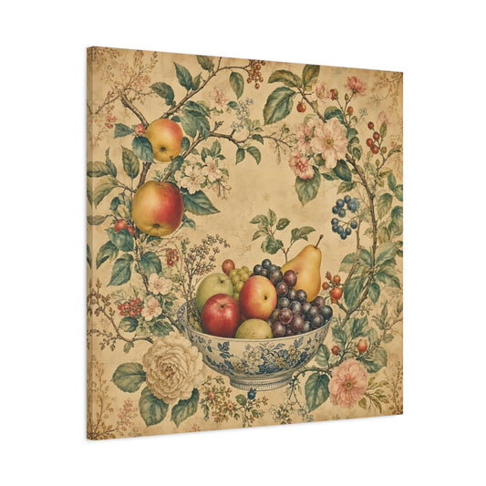 Main Mockup. Nature Fruit Bowl Vintage Fruit Still Life shown as stretched canvas wall art