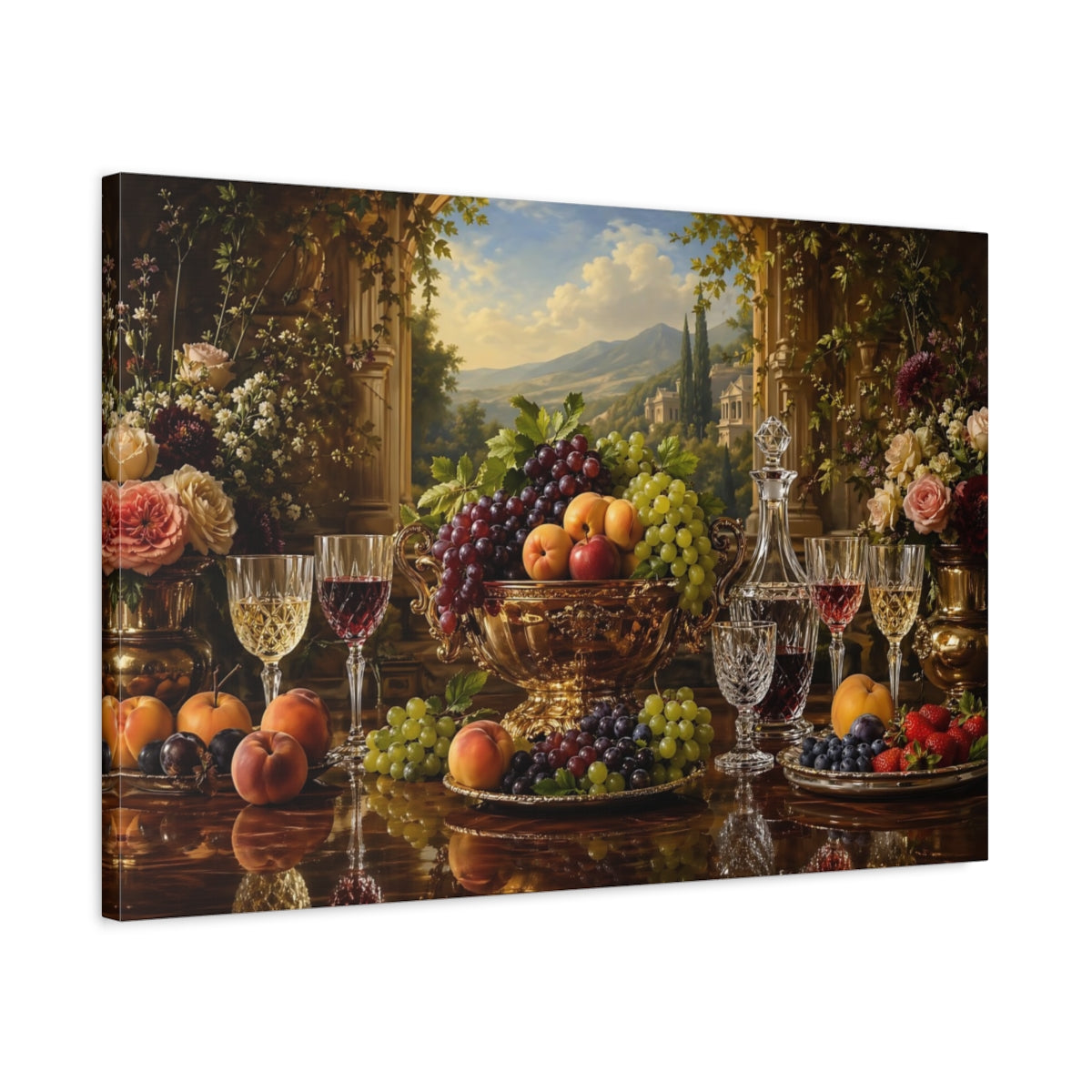 Side Mockup 2. Nature Fruit Display Golden Still Life shown as stretched canvas wall art