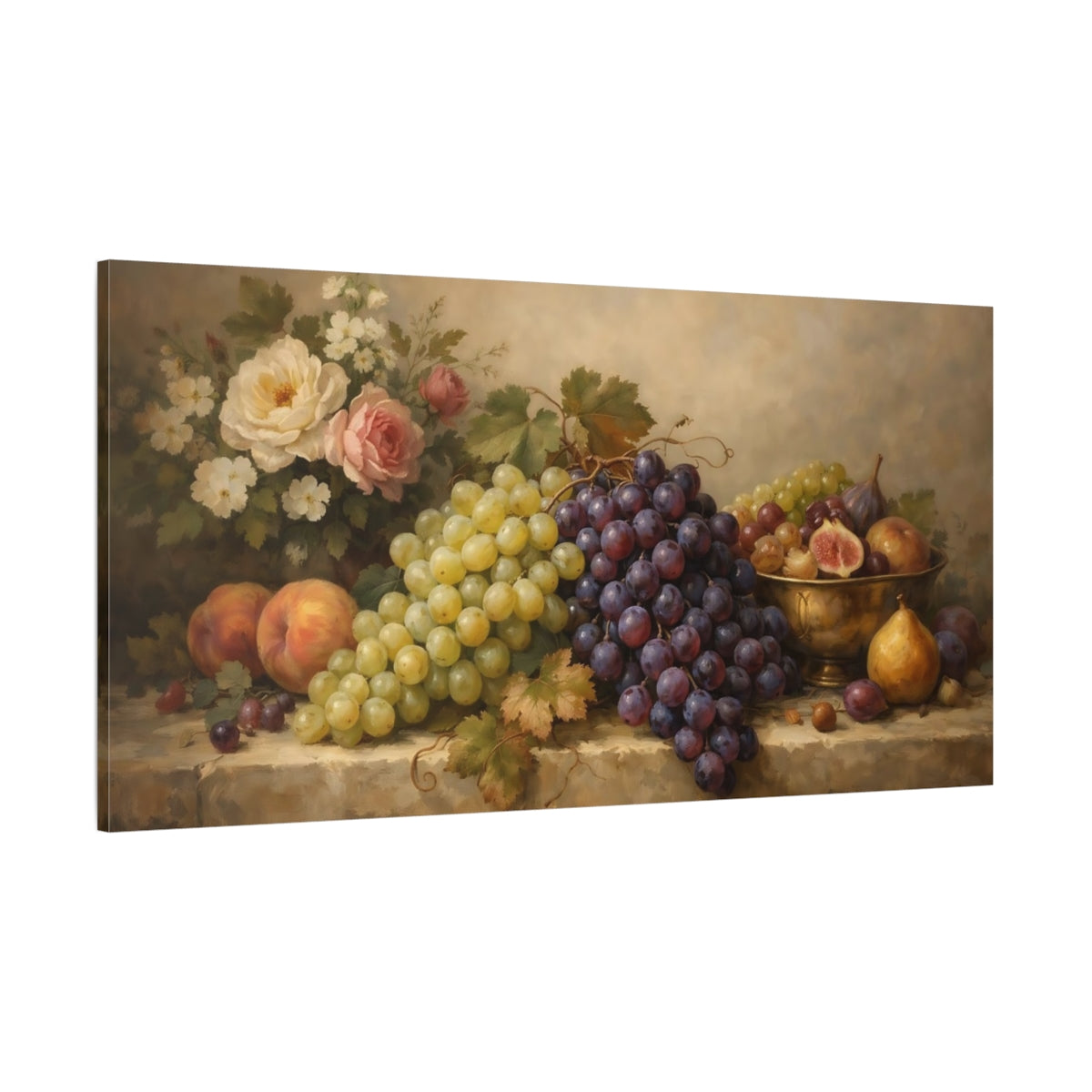 Main Mockup. Nature Fruit Still Life Grapes And Flowers shown as stretched canvas wall art
