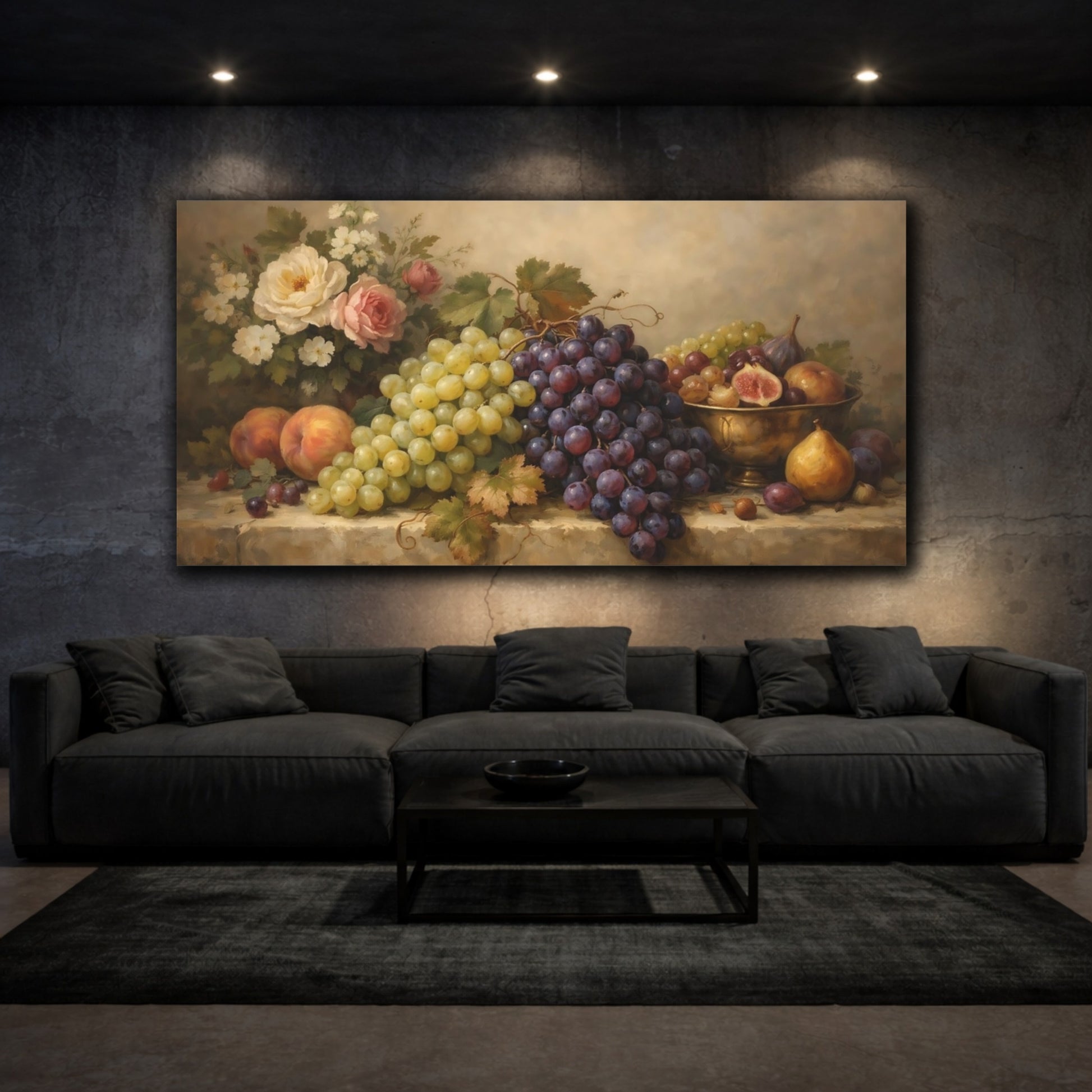 Mockup 2. Nature Fruit Still Life Grapes And Flowers shown as stretched canvas wall art