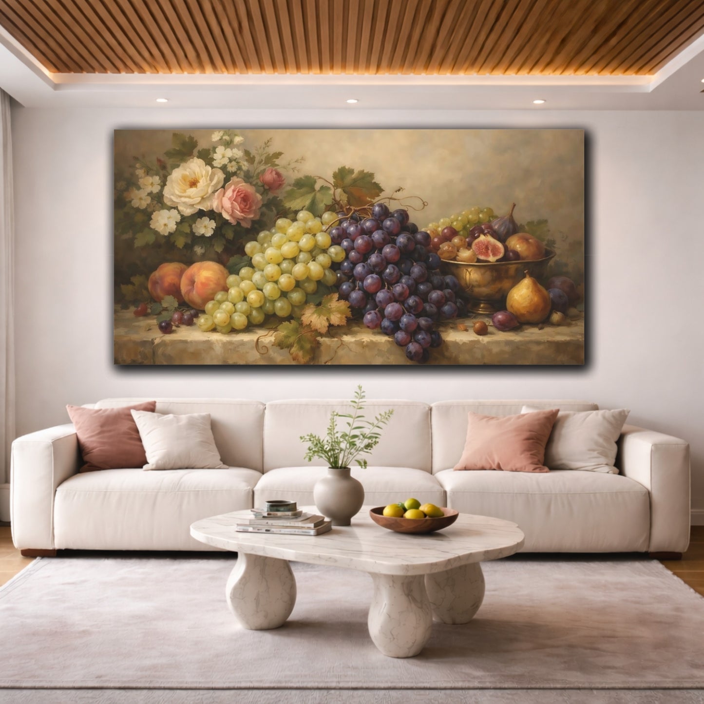 Mockup 3. Nature Fruit Still Life Grapes And Flowers shown as stretched canvas wall art
