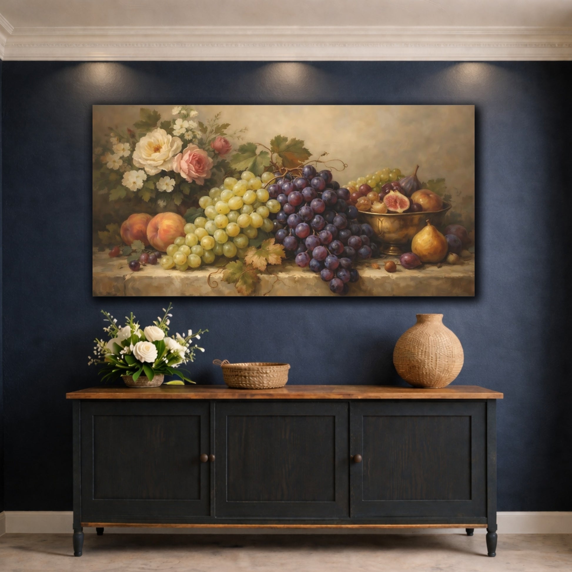 Mockup 4. Nature Fruit Still Life Grapes And Flowers shown as stretched canvas wall art