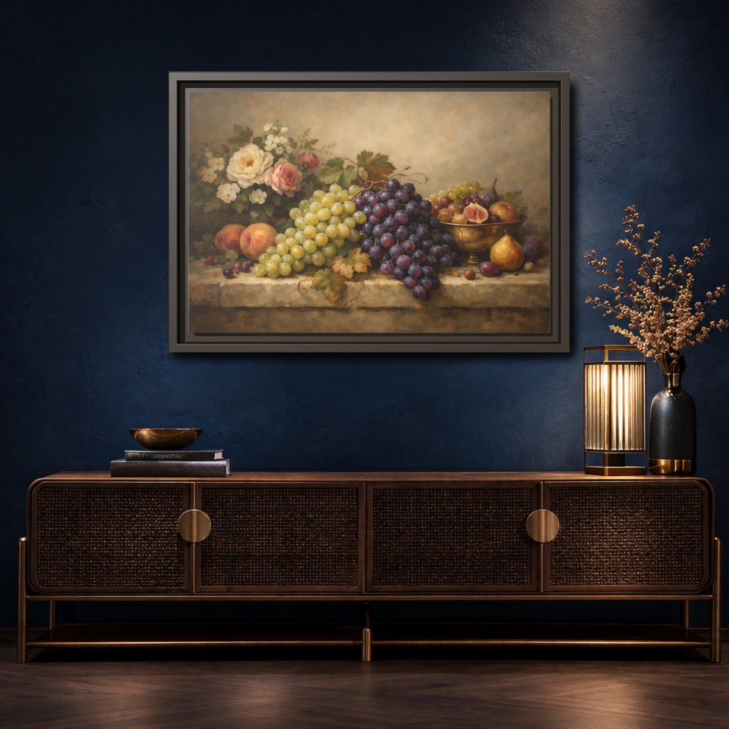 Mockup 4. Nature Fruit Still-Life Vintage Fruit Still-Life shown as stretched canvas wall art