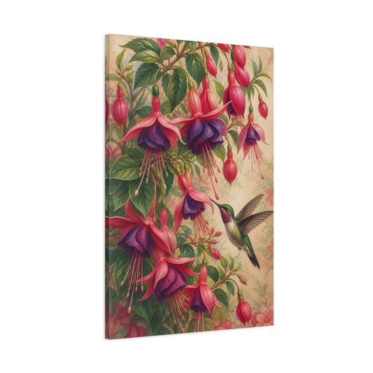 Main Mockup. Nature Fuchsia Hummingbird Pink Purple Green shown as canvas print