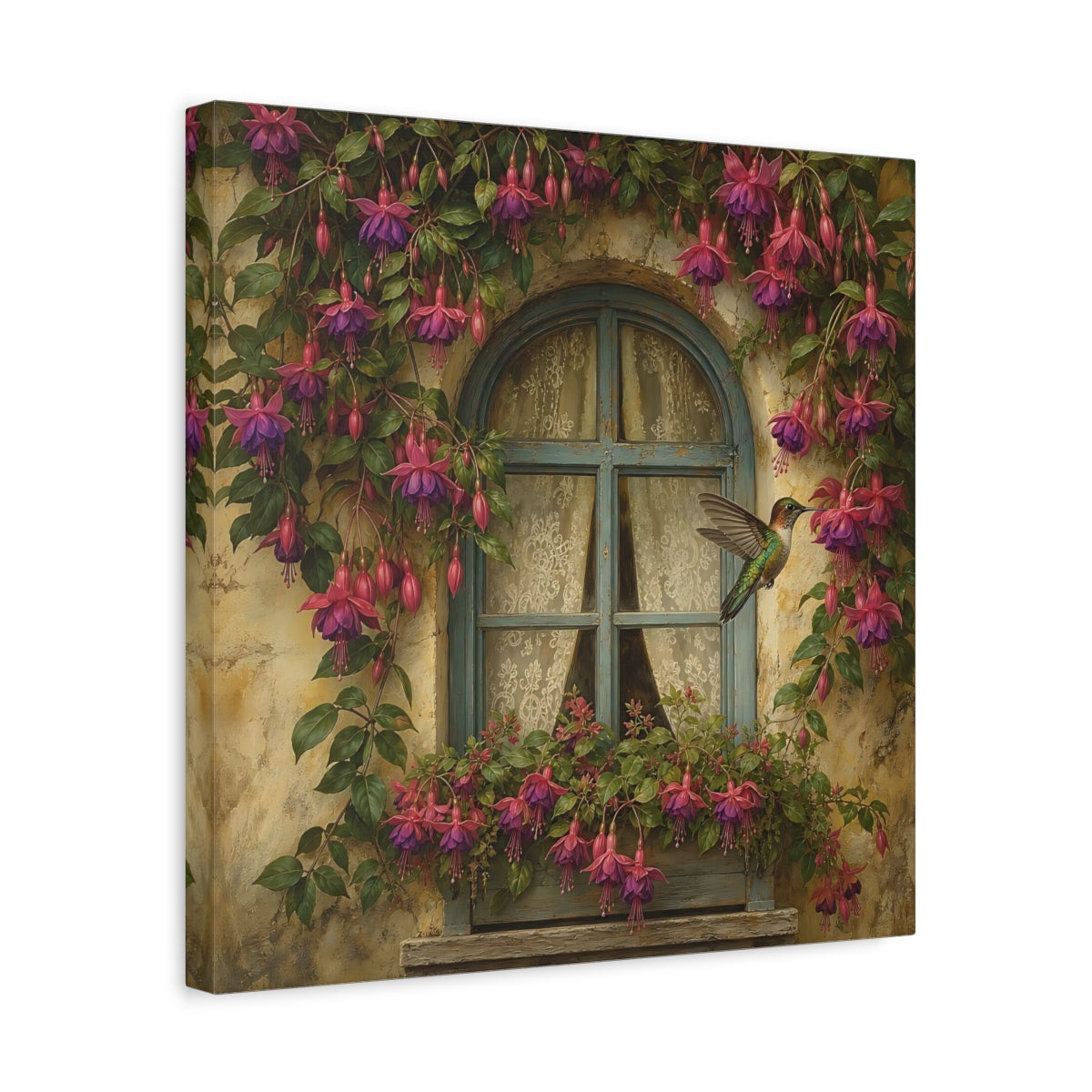 Side Mockup 6. Nature Fuchsia, Hummingbird Fuchsia Hummingbird Window shown as stretched canvas wall art