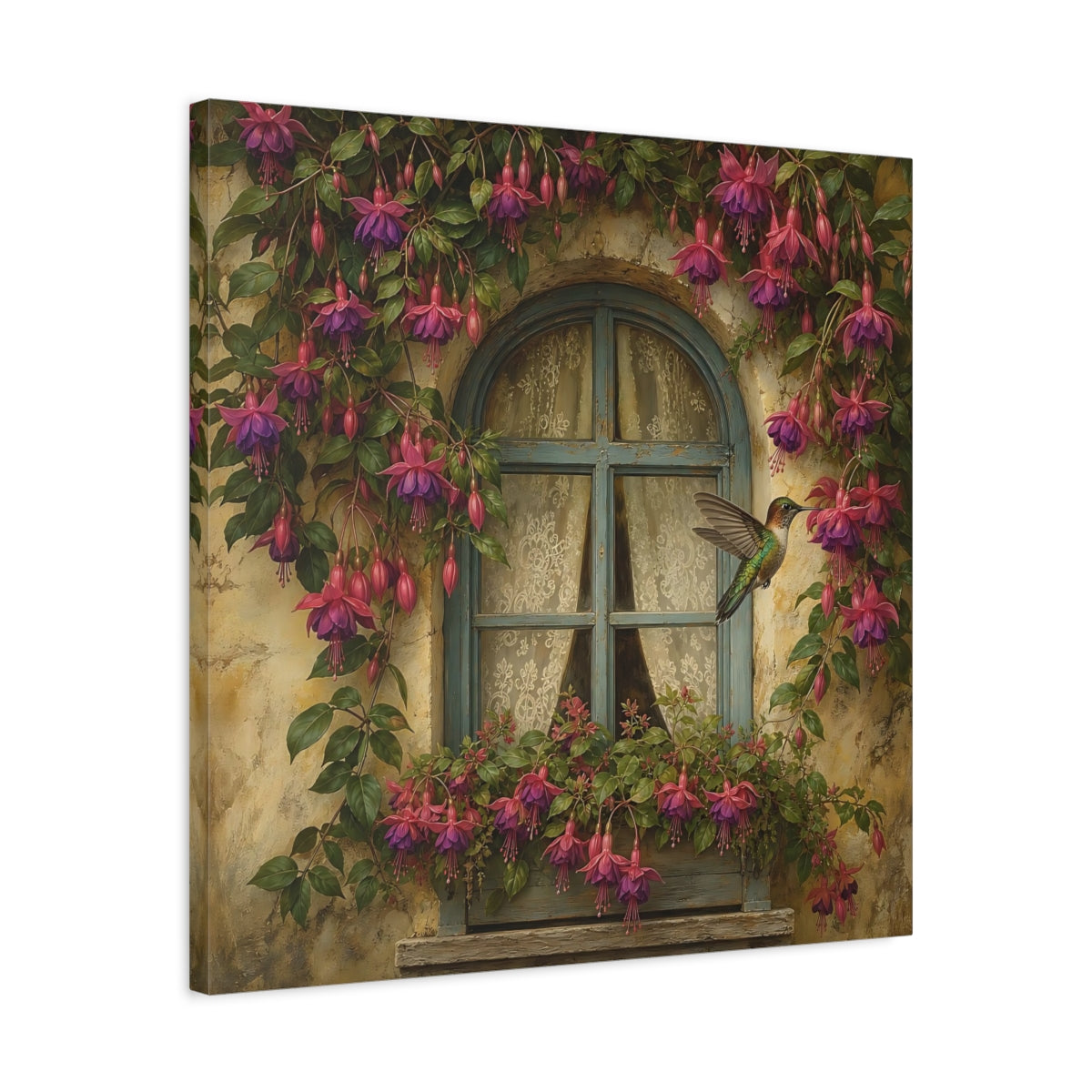 Side Mockup 4. Nature Fuchsia, Hummingbird Fuchsia Hummingbird Window shown as stretched canvas wall art