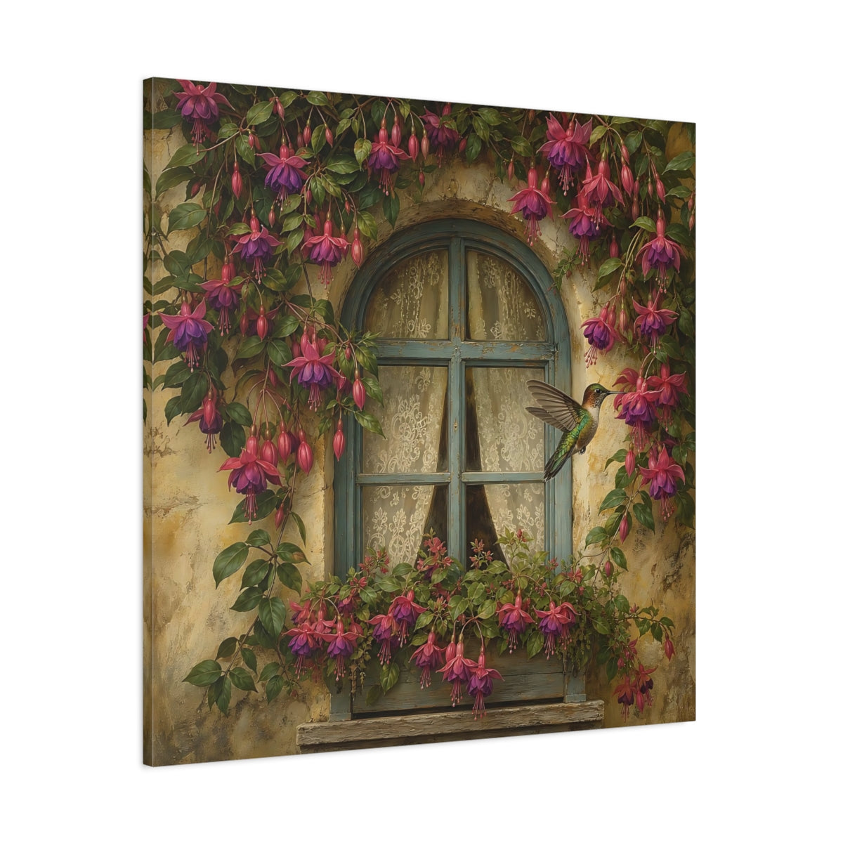 Side Mockup 1. Nature Fuchsia, Hummingbird Fuchsia Hummingbird Window shown as stretched canvas wall art