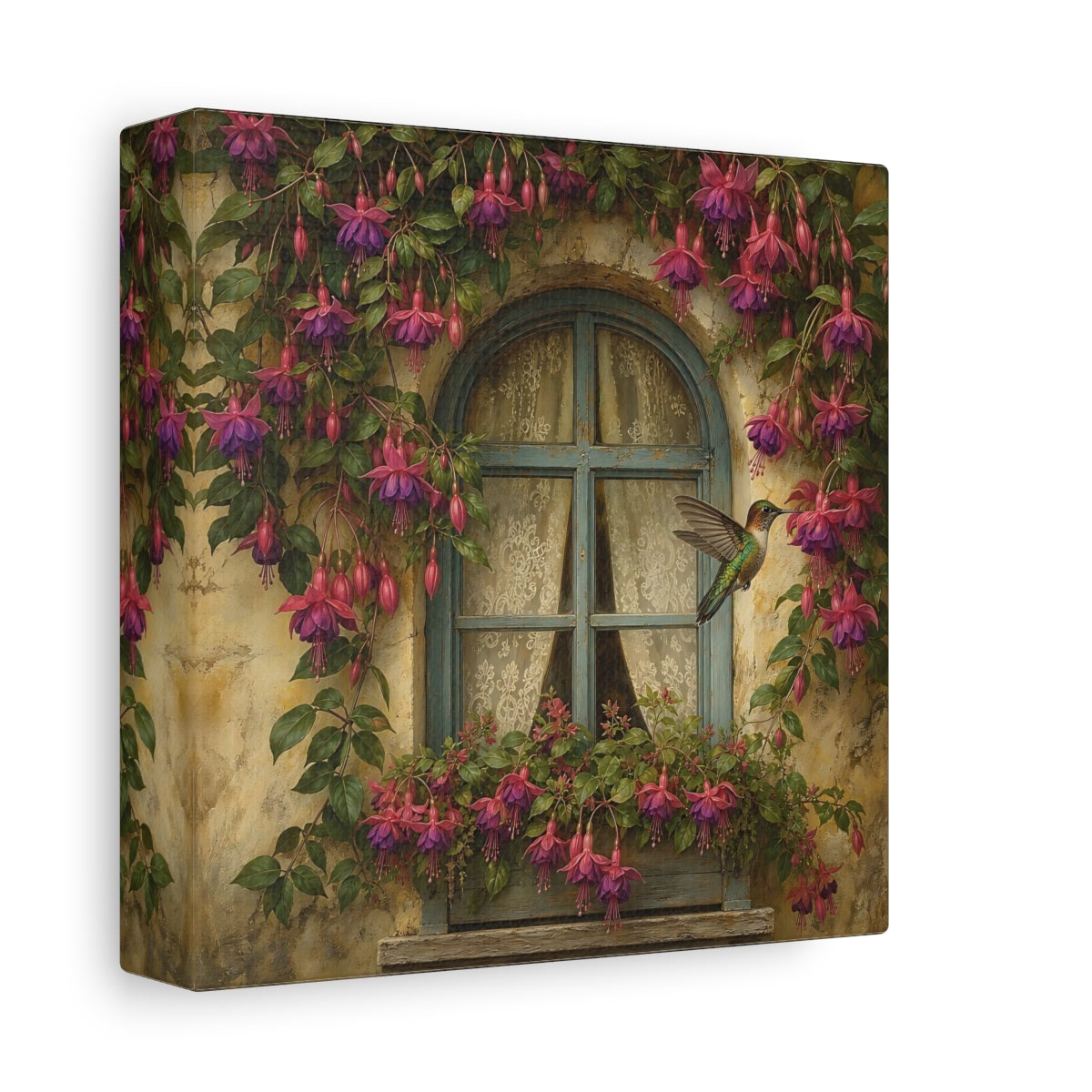 Side Mockup 2. Nature Fuchsia, Hummingbird Fuchsia Hummingbird Window shown as stretched canvas wall art