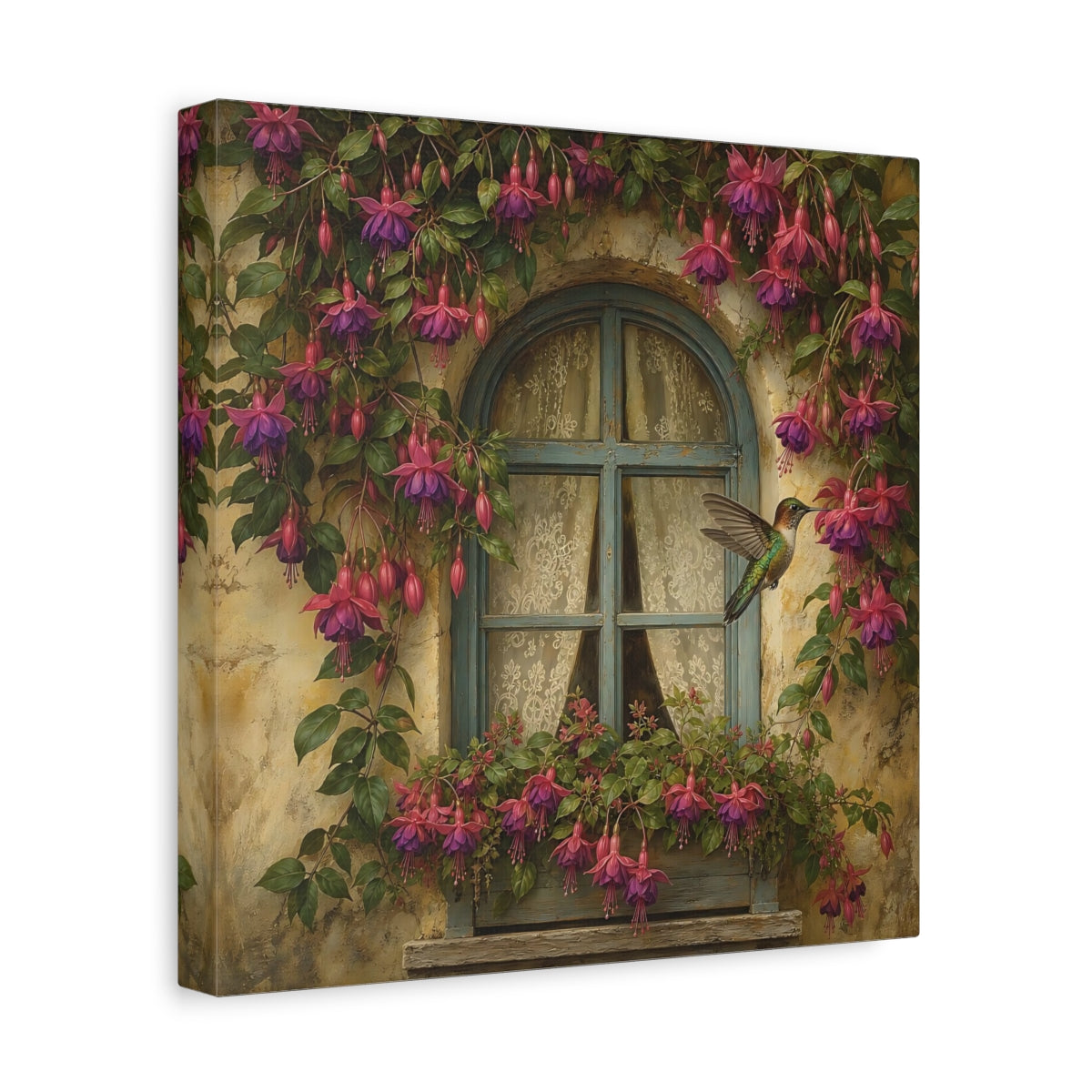 Side Mockup 8. Nature Fuchsia, Hummingbird Fuchsia Hummingbird Window shown as stretched canvas wall art
