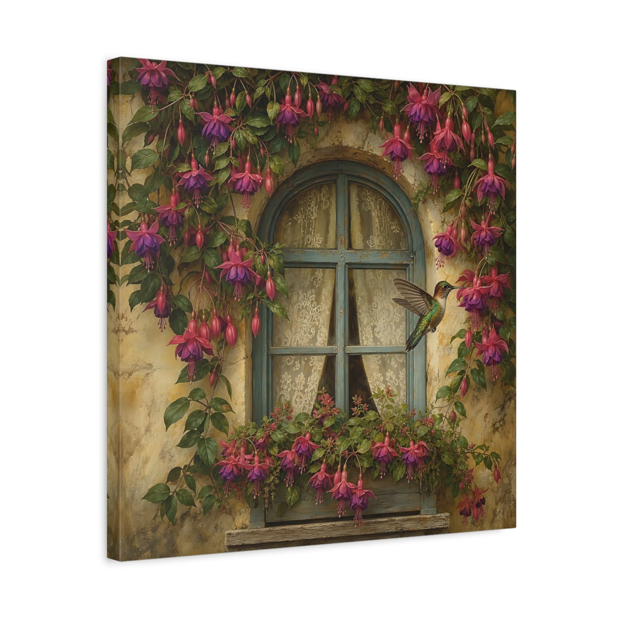 Side Mockup 5. Nature Fuchsia, Hummingbird Fuchsia Hummingbird Window shown as stretched canvas wall art