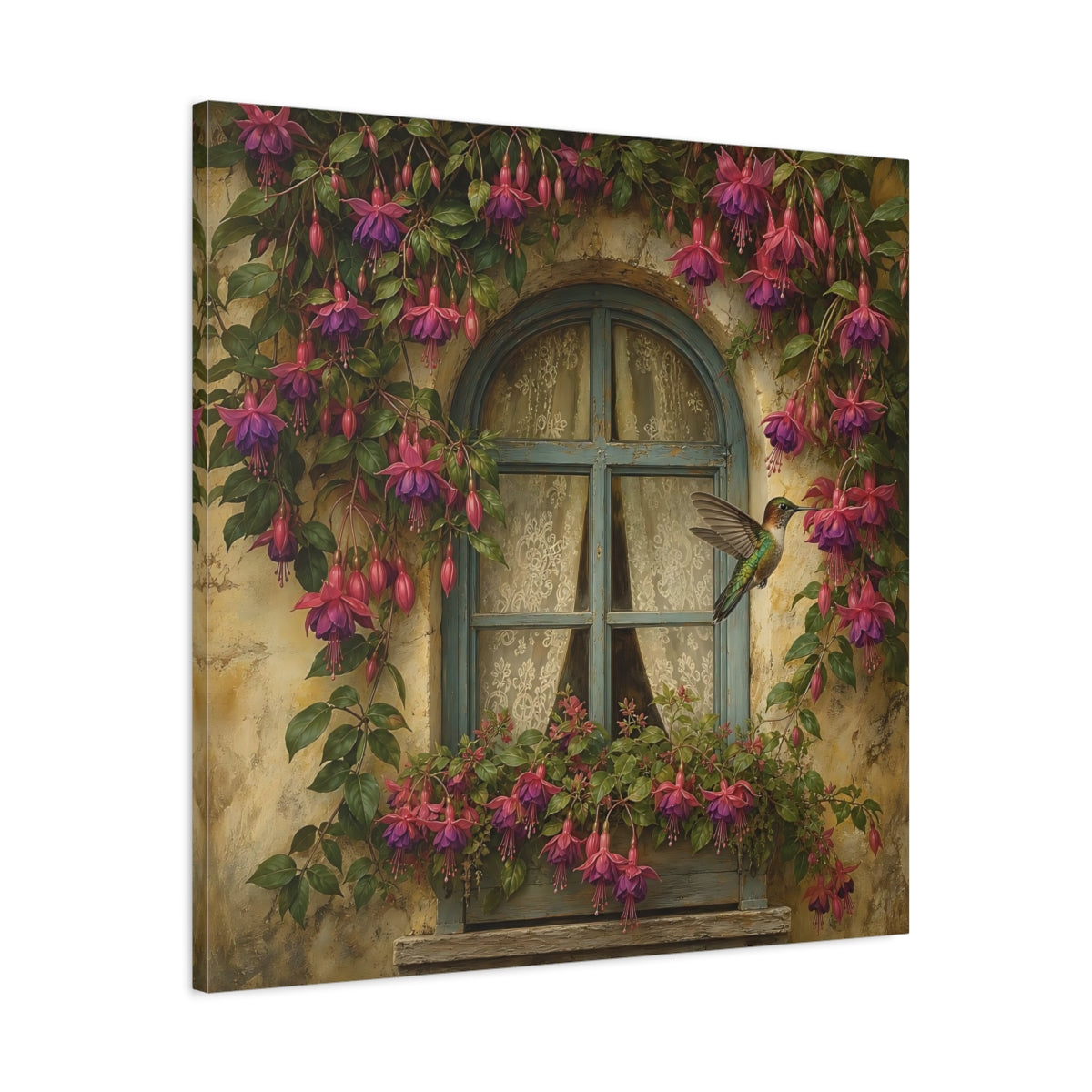 Side Mockup 3. Nature Fuchsia, Hummingbird Fuchsia Hummingbird Window shown as stretched canvas wall art
