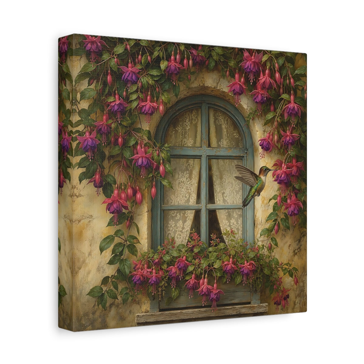 Side Mockup 9. Nature Fuchsia, Hummingbird Fuchsia Hummingbird Window shown as stretched canvas wall art