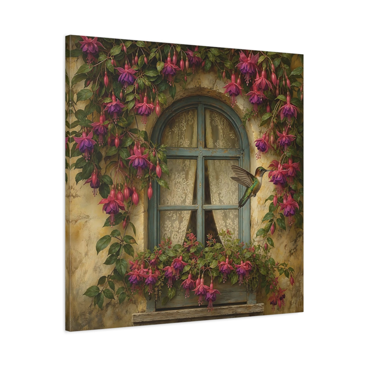 Main Mockup. Nature Fuchsia, Hummingbird Fuchsia Hummingbird Window shown as stretched canvas wall art