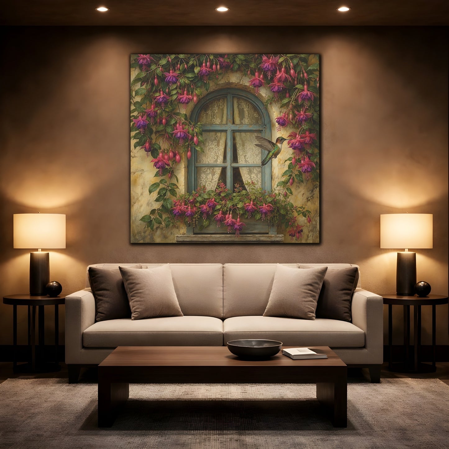 Mockup 2. Nature Fuchsia, Hummingbird Fuchsia Hummingbird Window shown as stretched canvas wall art