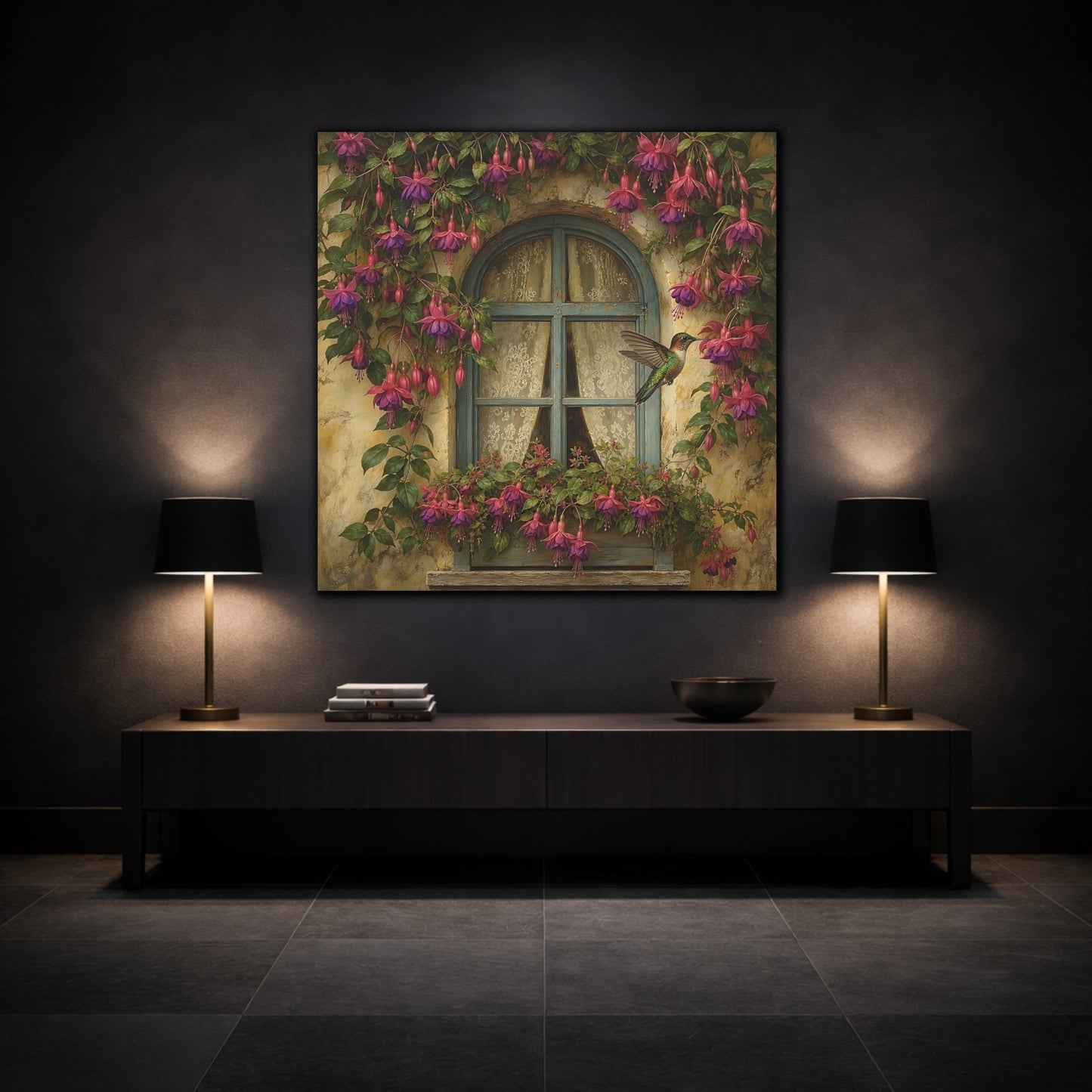 Mockup 3. Nature Fuchsia, Hummingbird Fuchsia Hummingbird Window shown as stretched canvas wall art