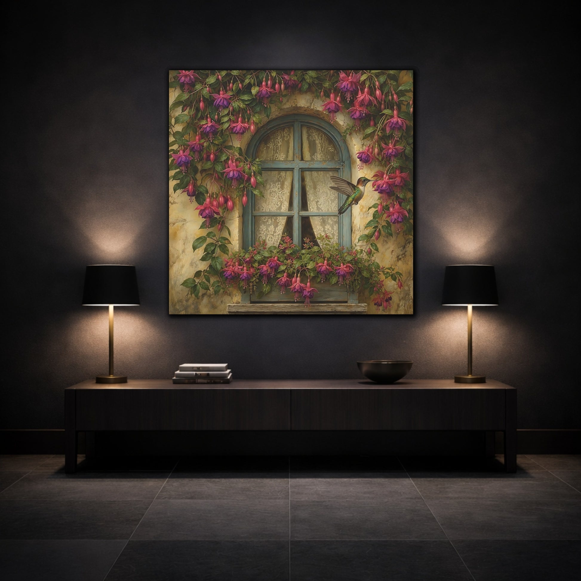 Mockup 3. Nature Fuchsia, Hummingbird Fuchsia Hummingbird Window shown as stretched canvas wall art