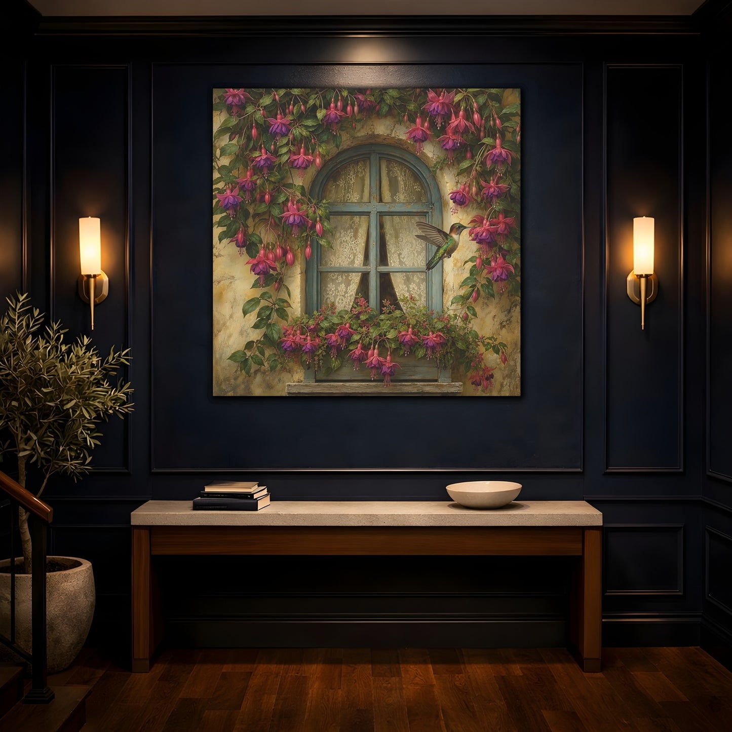 Mockup 4. Nature Fuchsia, Hummingbird Fuchsia Hummingbird Window shown as stretched canvas wall art