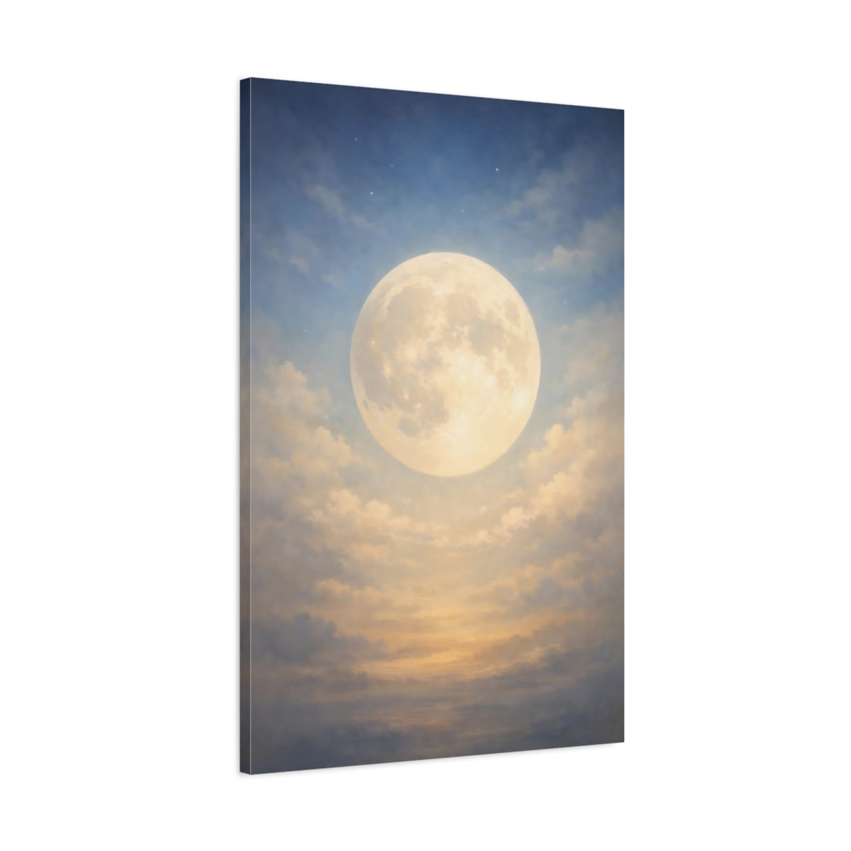 Side Mockup 1. Nature Full Moon Blue And Gold Moon shown as stretched canvas wall art