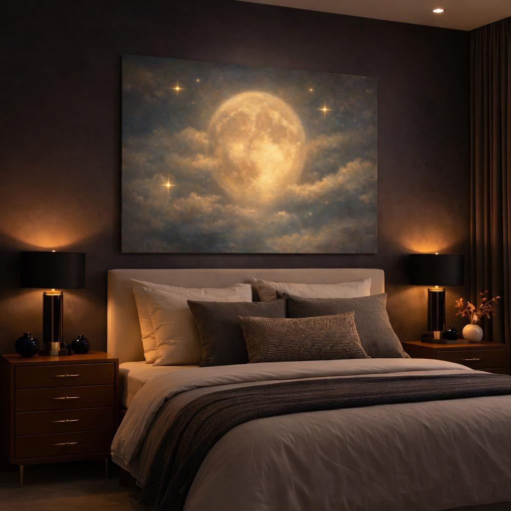 Nature Full Moon Blue And Gold Moon shown as canvas wall art in a luxury bedroom