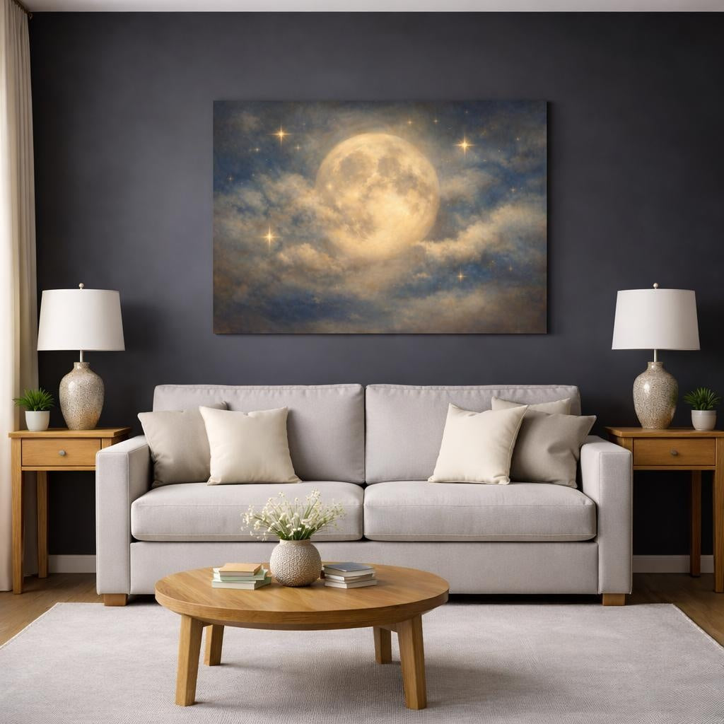 Nature Full Moon Blue And Gold Moon shown as canvas wall art in a modern living room