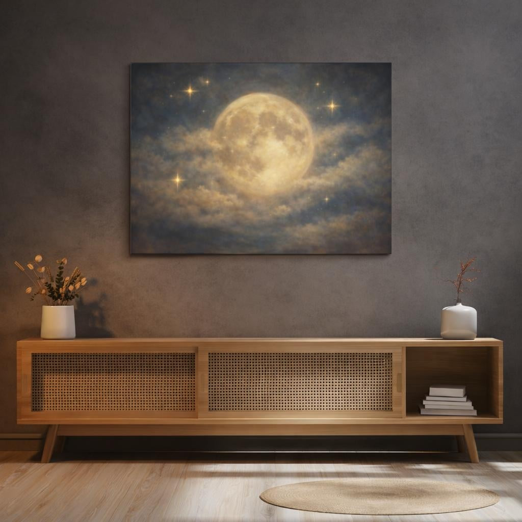 Nature Full Moon Blue And Gold Moon shown as canvas wall art in a sophisticated contemporary living space