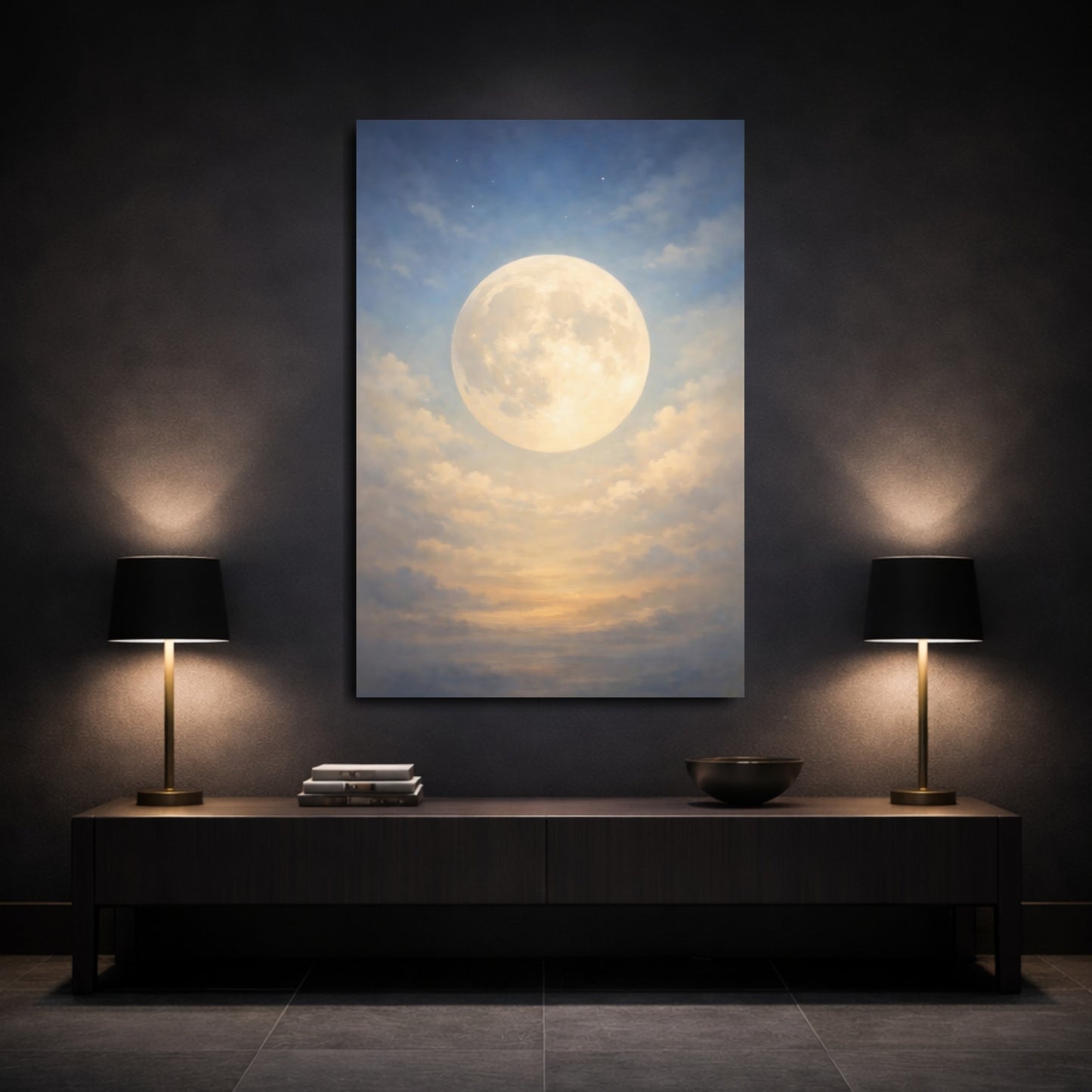 Mockup 2. Nature Full Moon Blue And Gold Moon shown as stretched canvas wall art