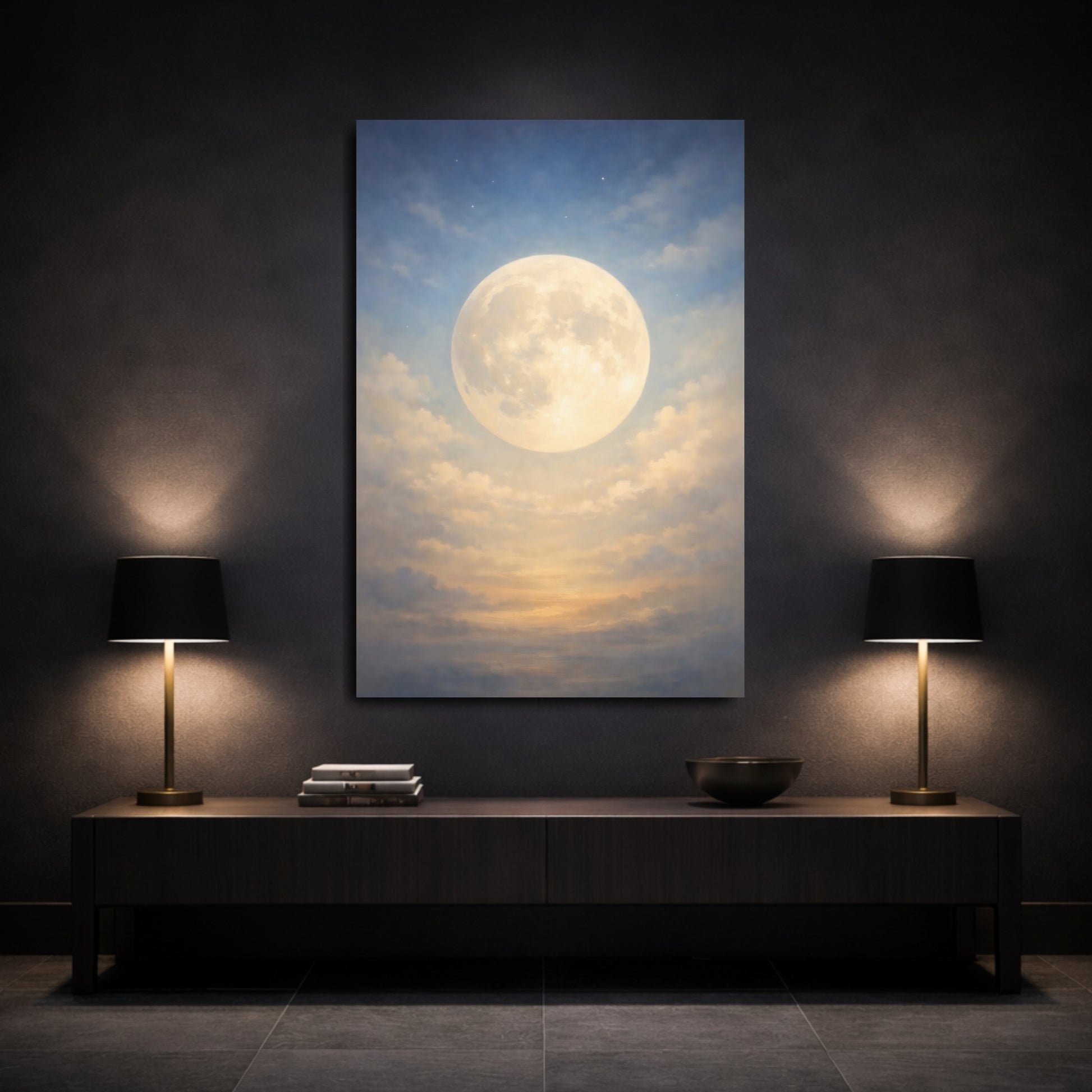 Mockup 2. Nature Full Moon Blue And Gold Moon shown as stretched canvas wall art
